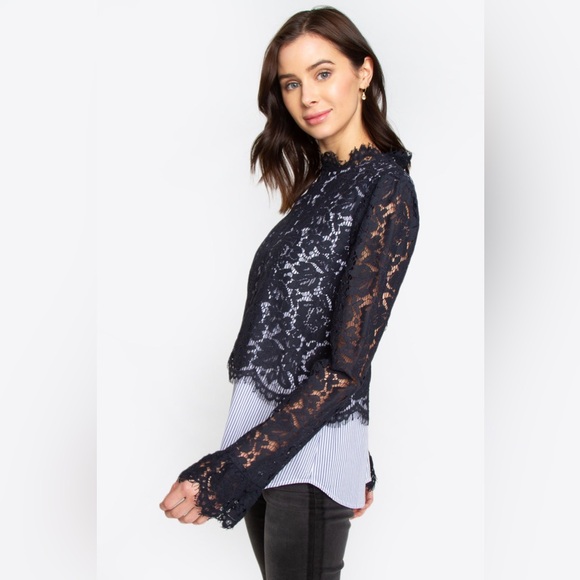 Sugar + Lips Pinstripe and Lace Blouse Size Large - Picture 4 of 13